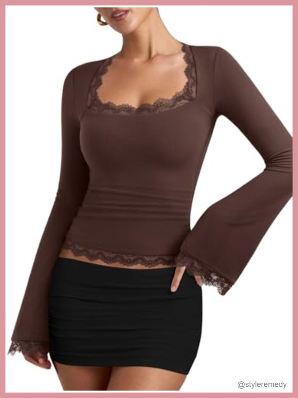Womens Lace Bell Sleeve Square Neck Slim Fit Top
